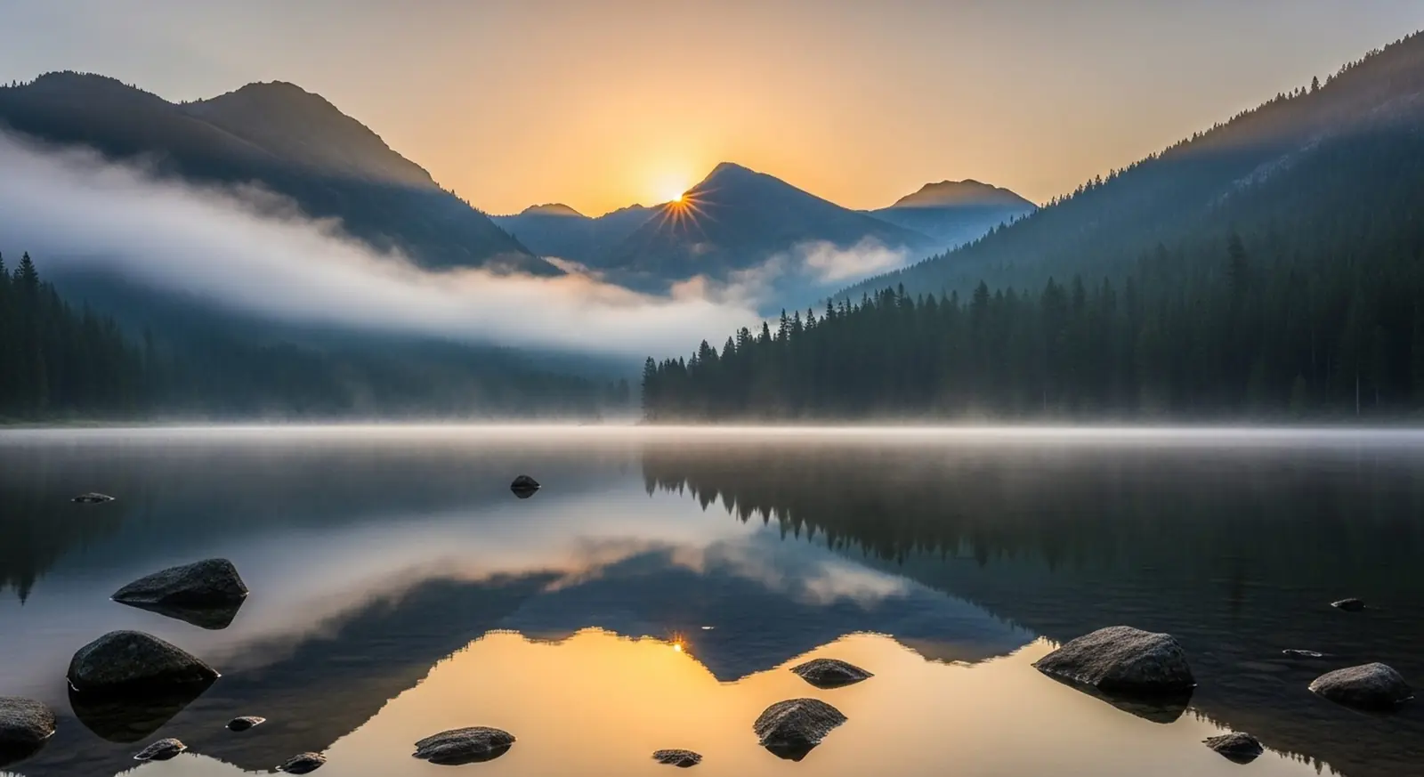 Sunrise over a calm mountain lake with mist on the water