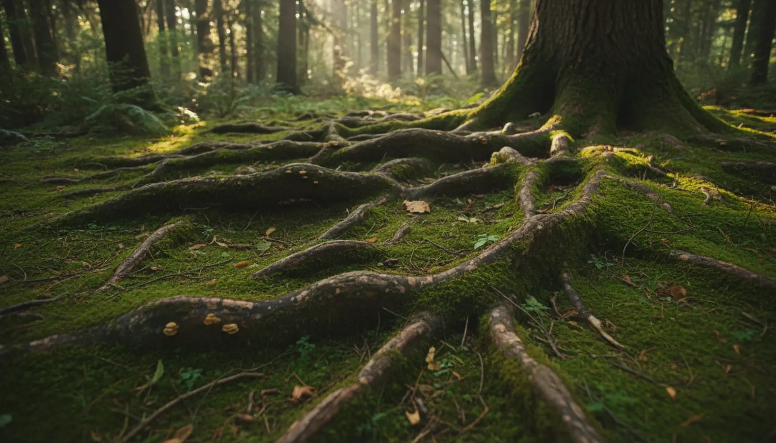 Old tree roots winding across a mossy forest floor