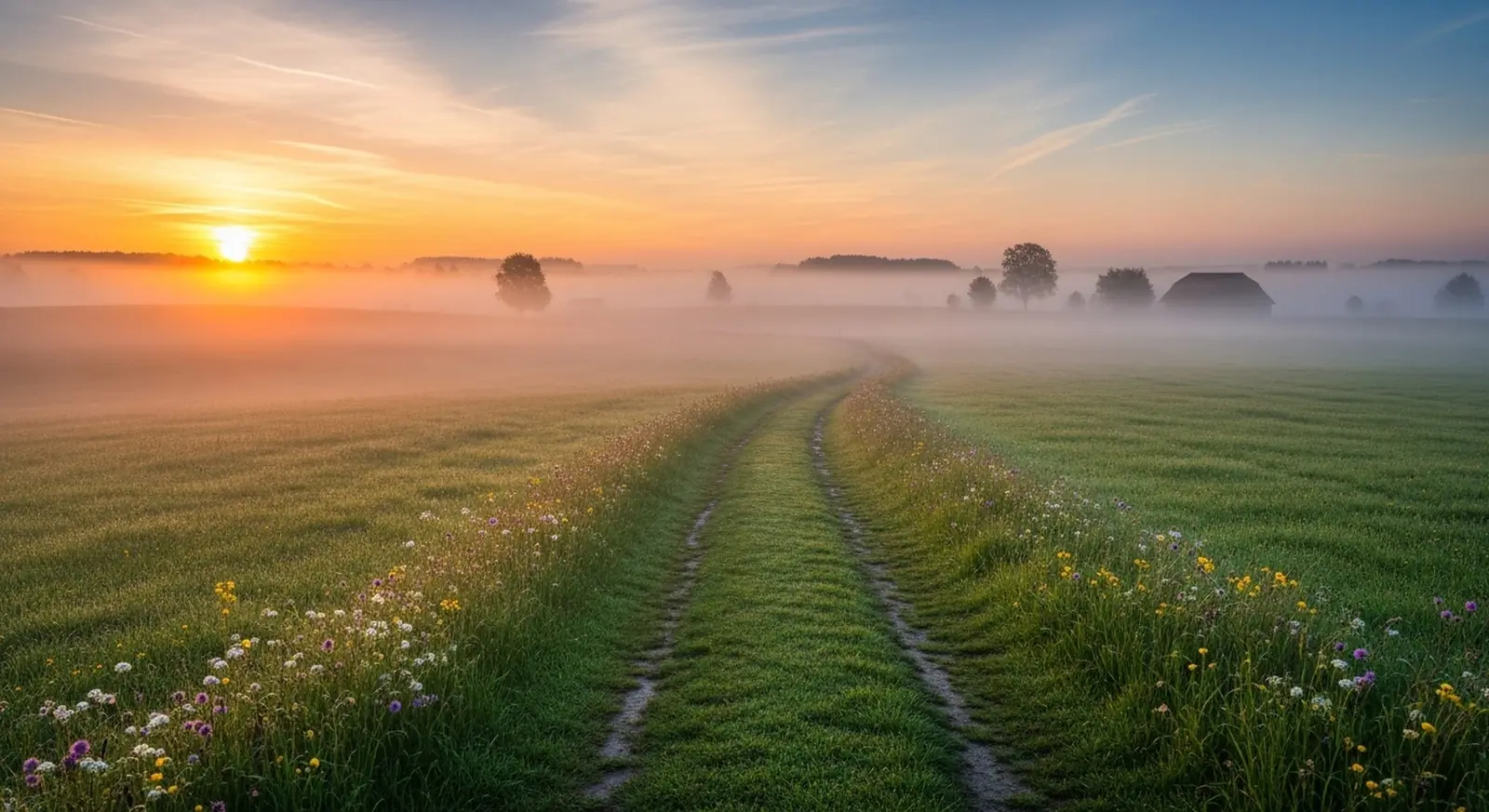 First light of dawn over a quiet country road