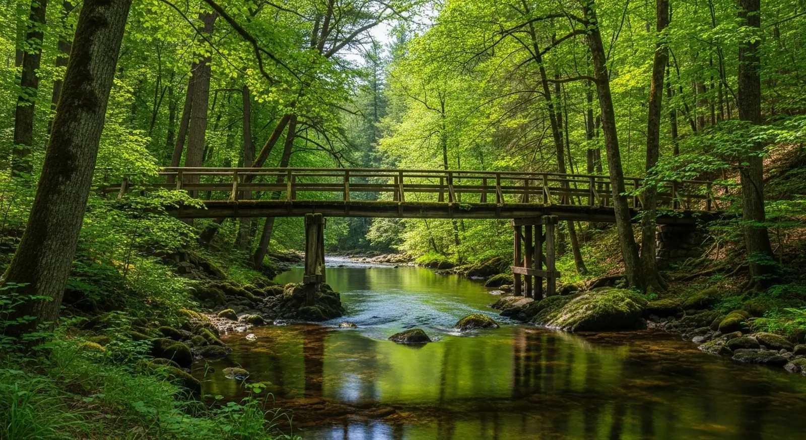 A wooden footbridge crossing a forest stream