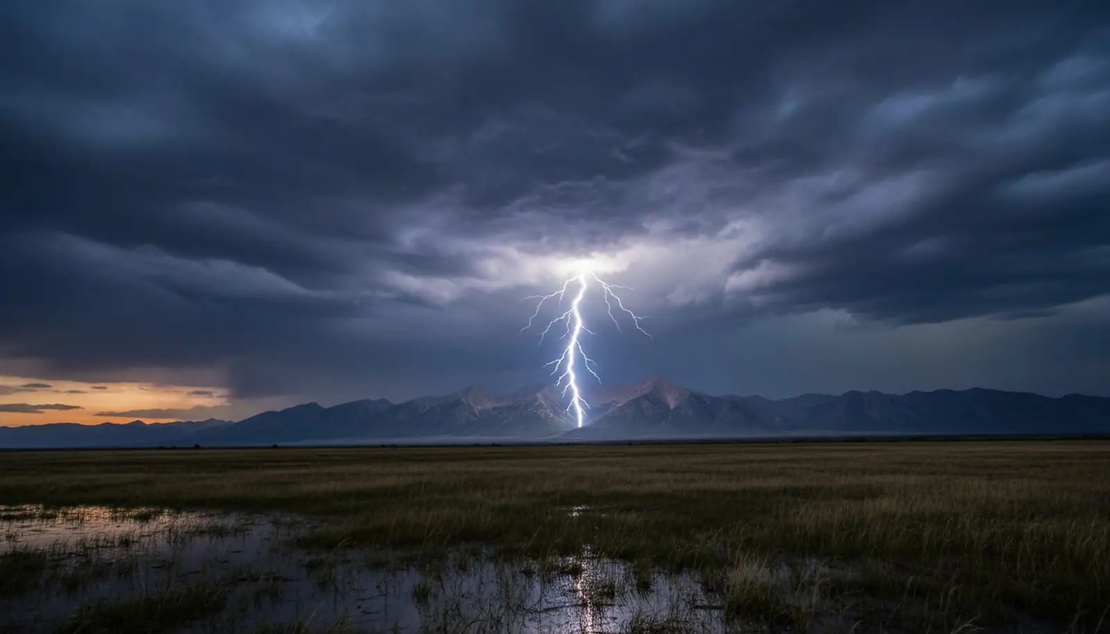 Lightning striking over a dark open landscape at night