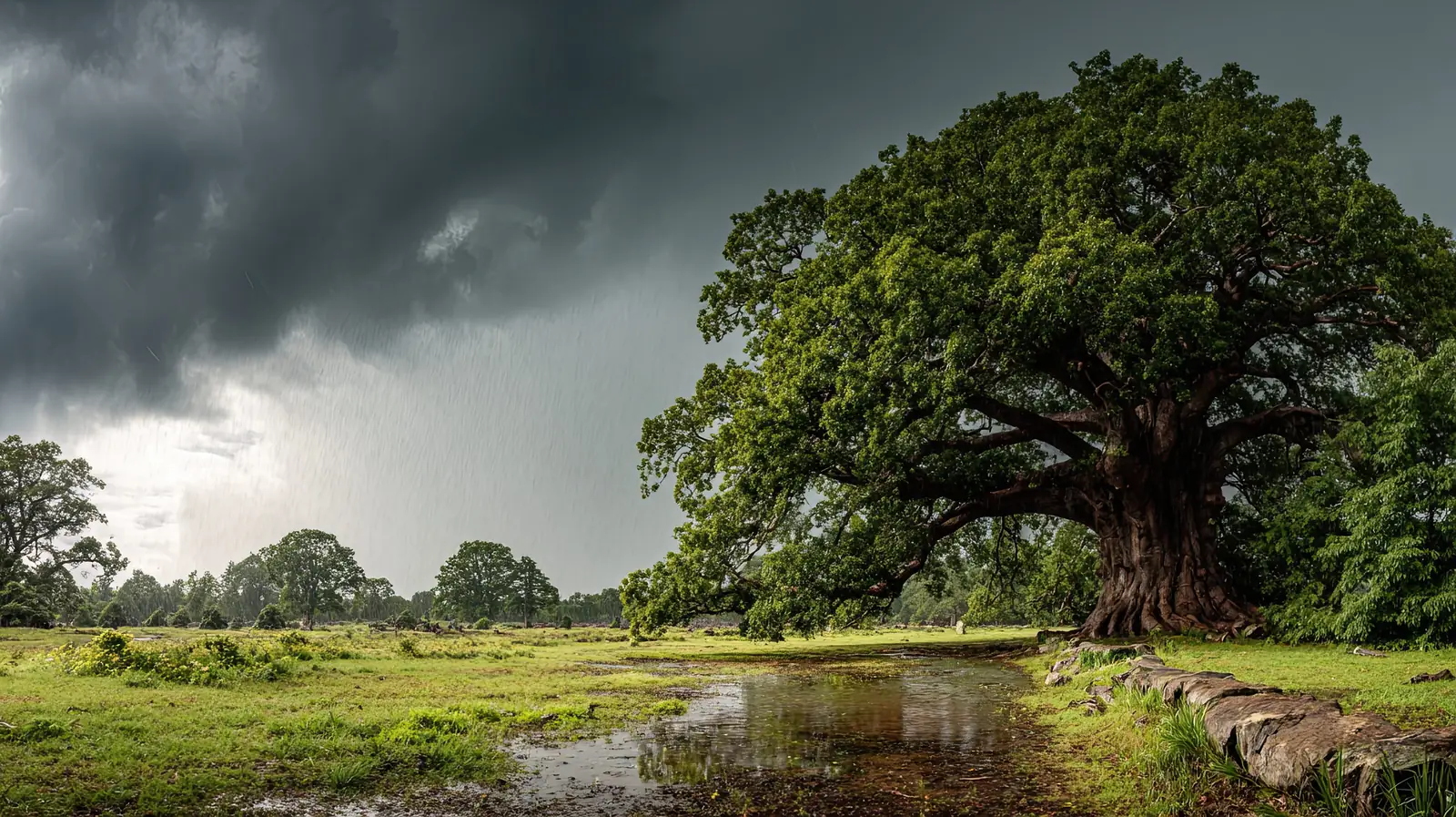 A broad old oak tree standing strong in an open field