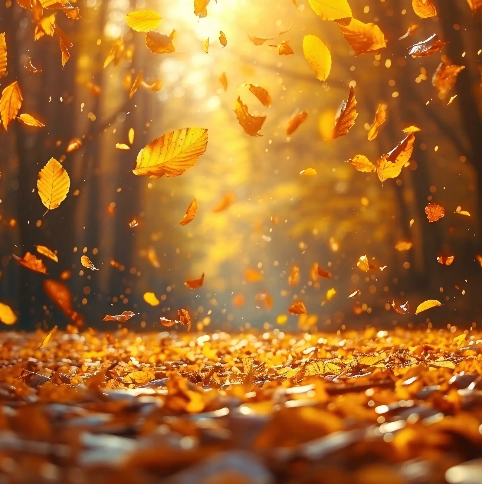 Autumn leaves drifting down from golden trees
