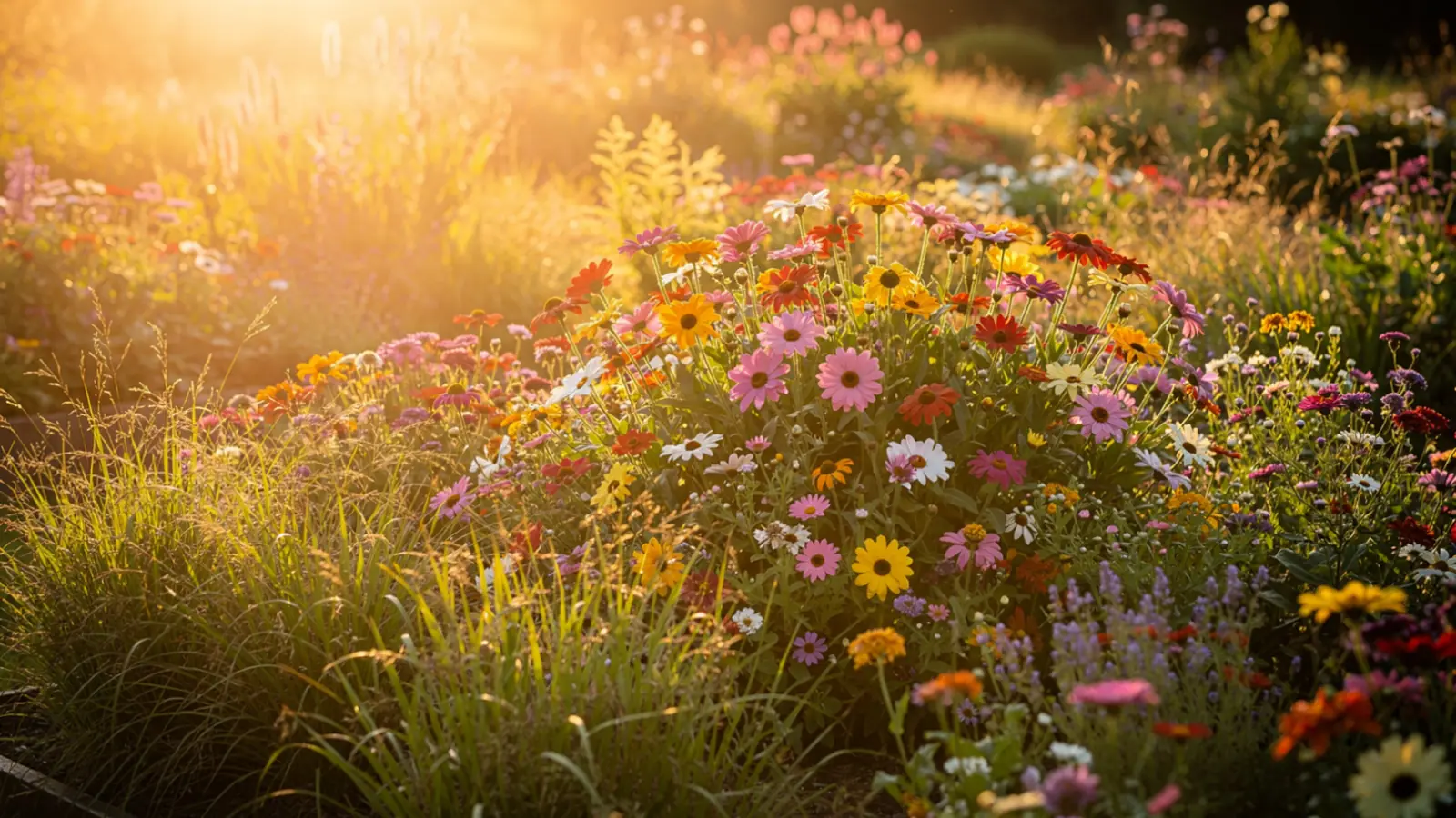 Sunlit meadow full of wildflowers on a clear summer morning