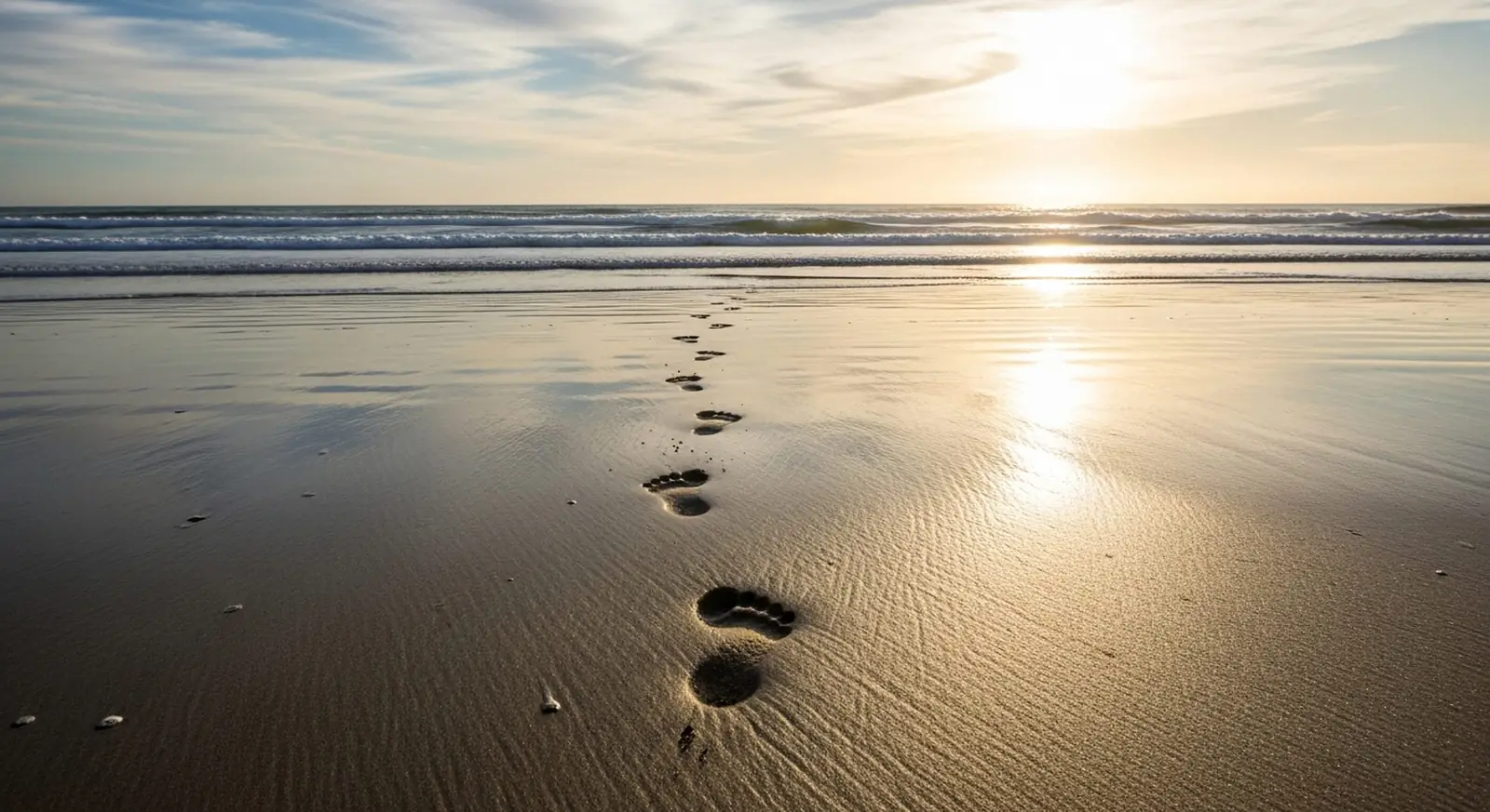 Footprints leading along a sandy beach at sunrise