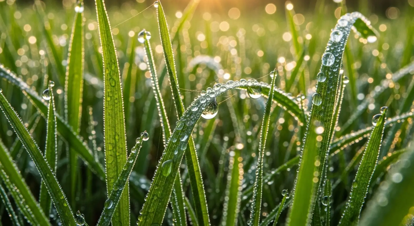 Close-up of morning dew drops on blades of grass