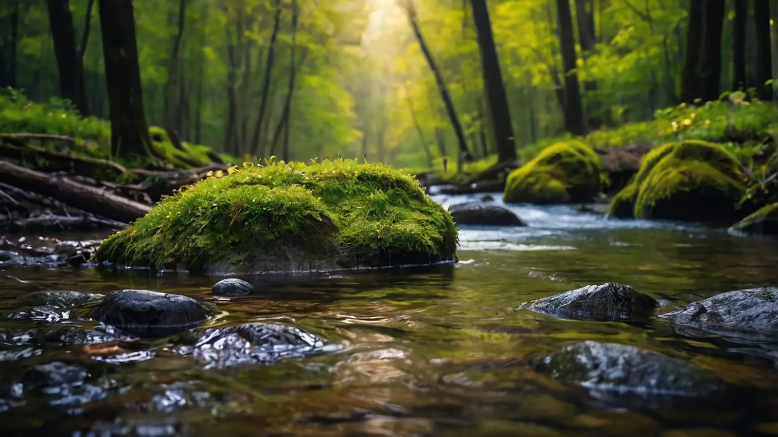 A clear river flowing gently through a green forest