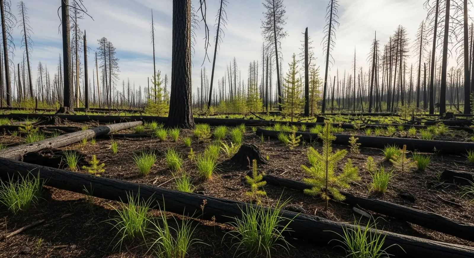 Bright green new growth rising from the floor of a burned forest
